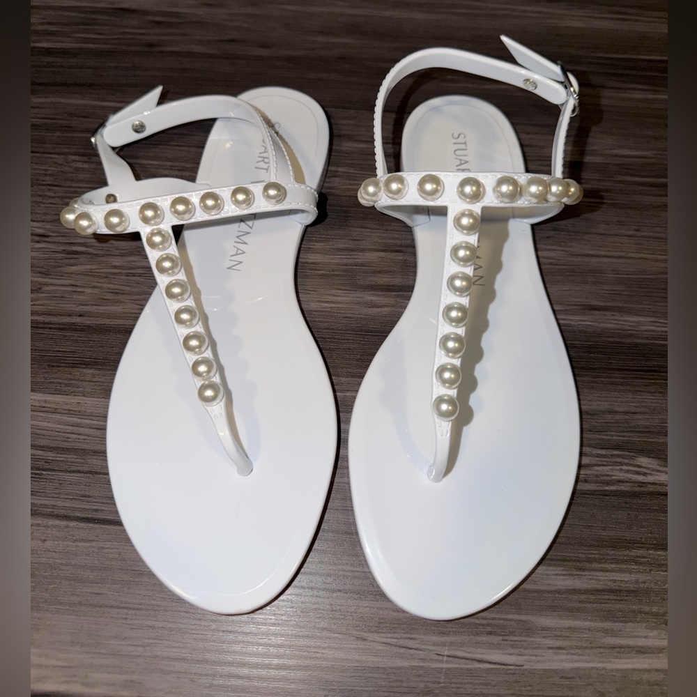 Stuart Weitzman White Sandals with Pearl Accents